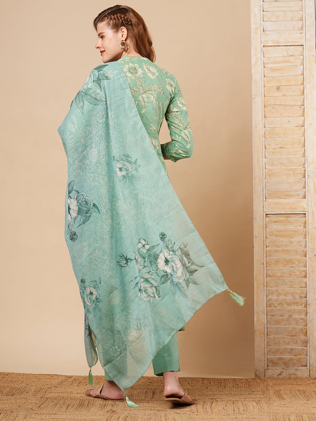 Floral Printed A-Line Paneled Kurta with Pant & Dupatta - Green