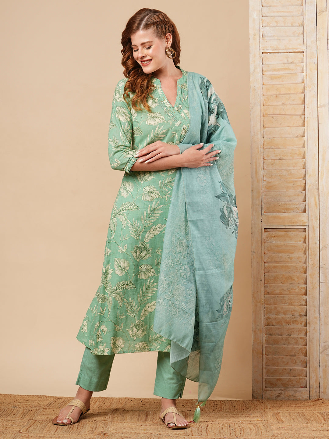 Floral Printed A-Line Paneled Kurta with Pant & Dupatta - Green