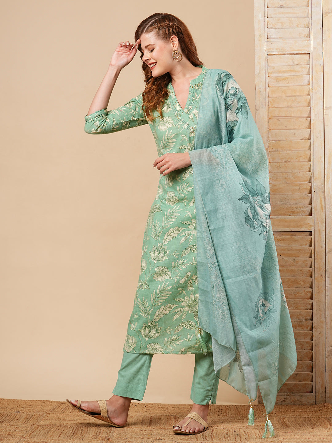 Floral Printed A-Line Paneled Kurta with Pant & Dupatta - Green