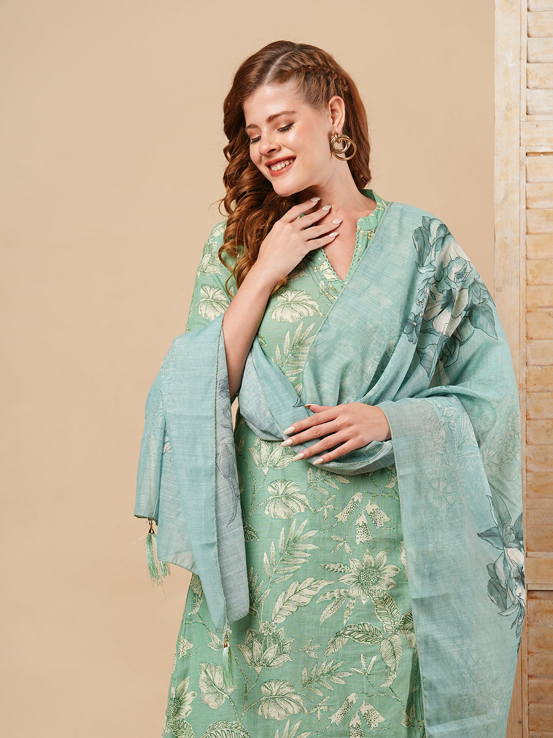 Floral Printed A-Line Paneled Kurta with Pant & Dupatta - Green