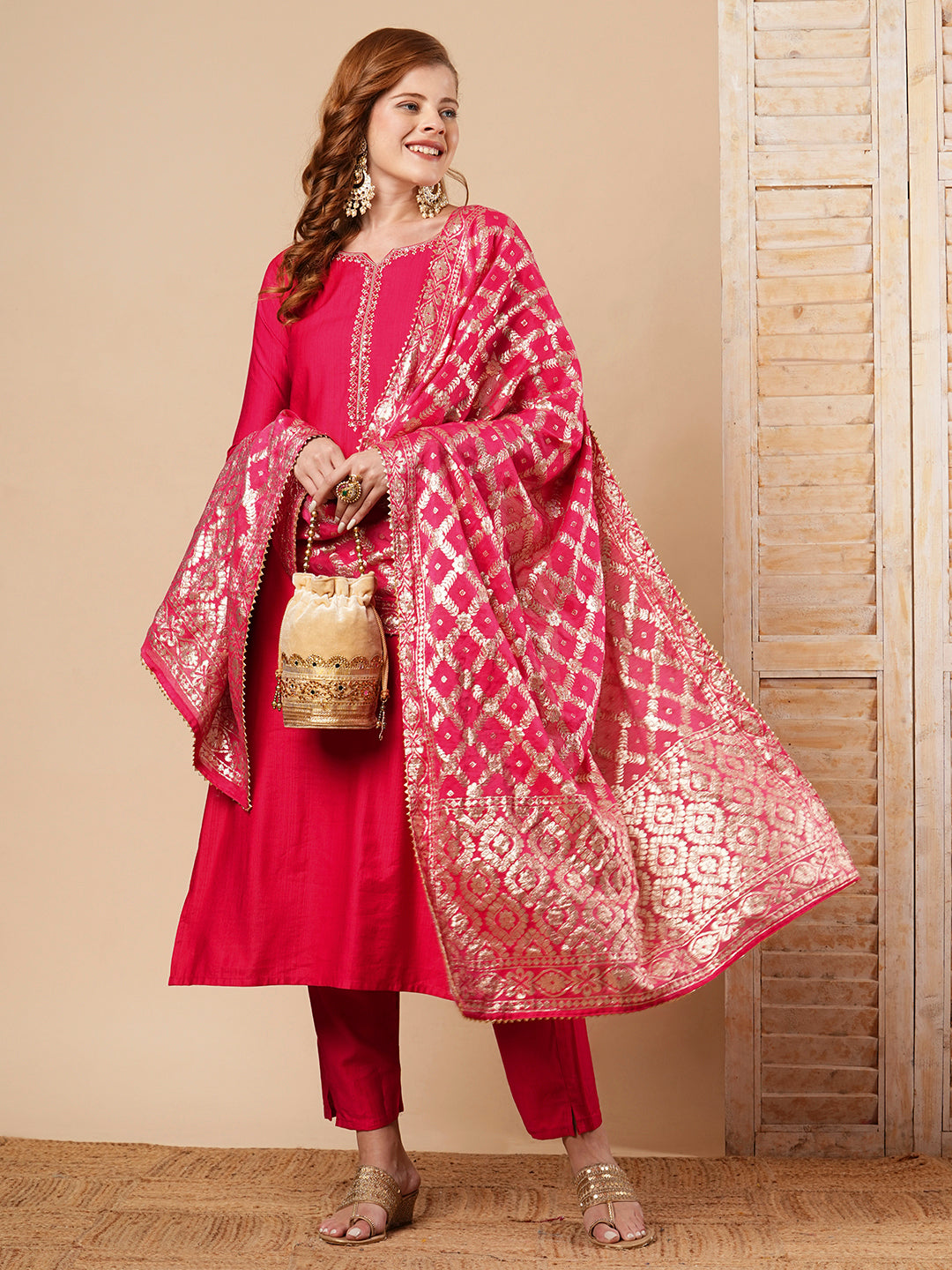 Solid Hand Embroidered Straight Fit Kurta with Pant & Dupatta - Fuchsia Pink