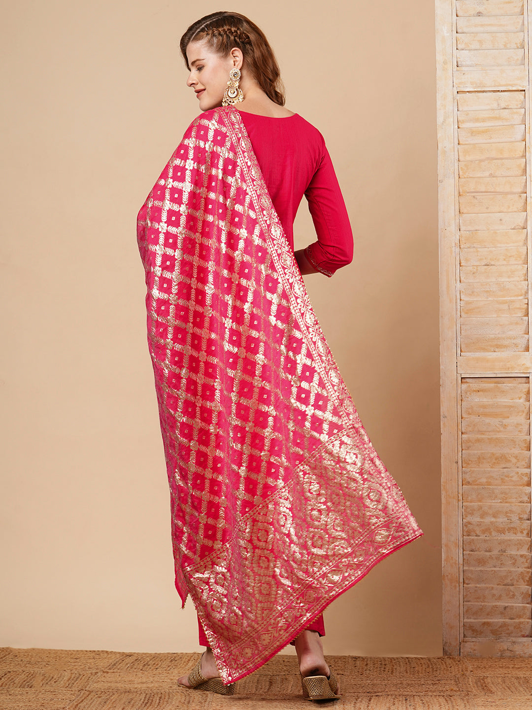 Solid Hand Embroidered Straight Fit Kurta with Pant & Dupatta - Fuchsia Pink