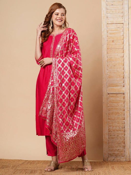 Solid Hand Embroidered Straight Fit Kurta with Pant & Dupatta - Fuchsia Pink