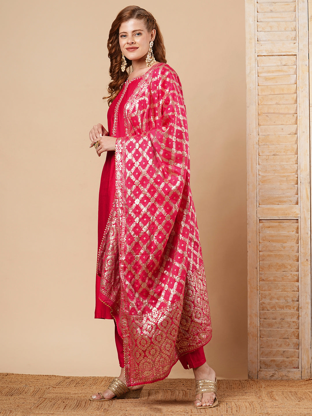 Solid Hand Embroidered Straight Fit Kurta with Pant & Dupatta - Fuchsia Pink