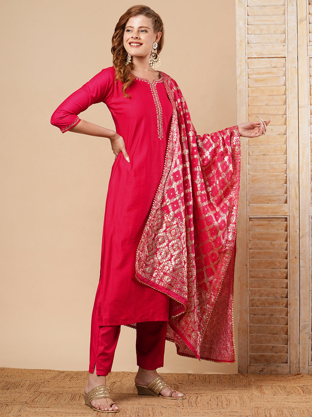 Solid Hand Embroidered Straight Fit Kurta with Pant & Dupatta - Fuchsia Pink