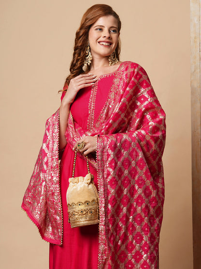 Solid Hand Embroidered Straight Fit Kurta with Pant & Dupatta - Fuchsia Pink