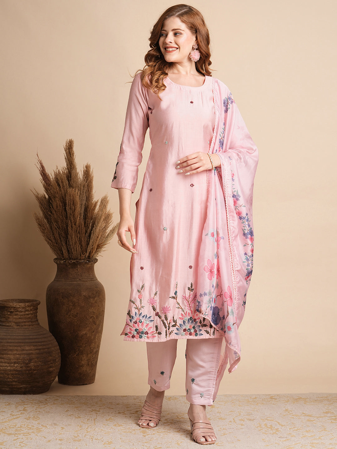 Solid Floral Hand Embroidered Straight Fit Kurta with Pant & Dupatta - Pink