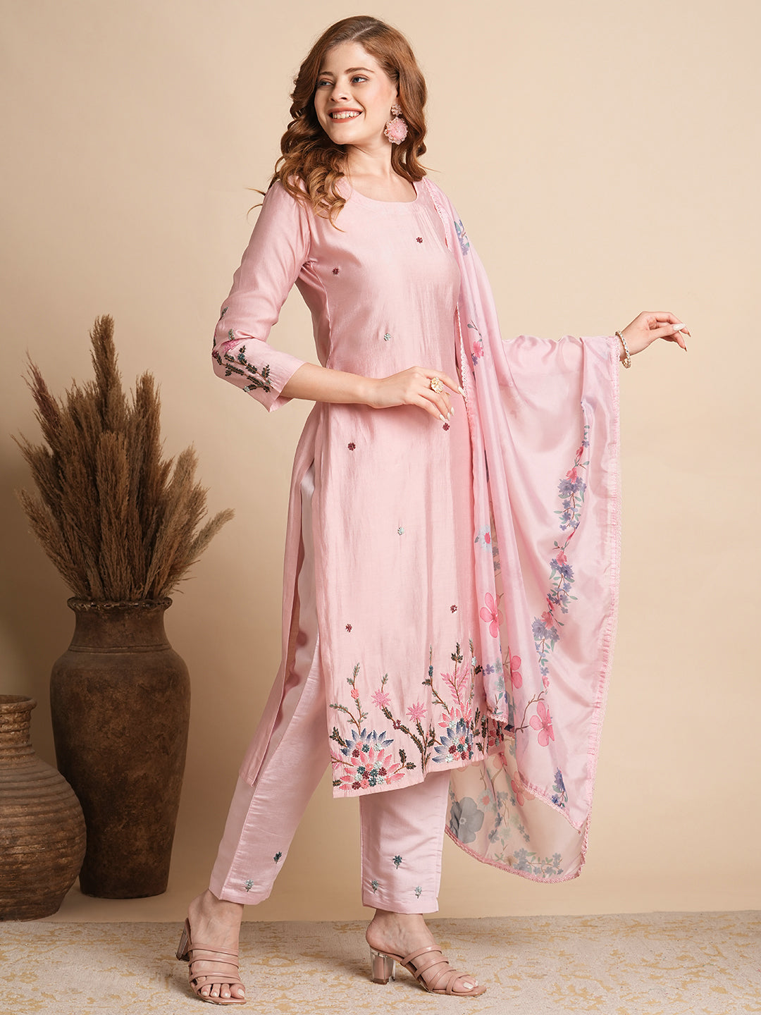 Solid Floral Hand Embroidered Straight Fit Kurta with Pant & Dupatta - Pink