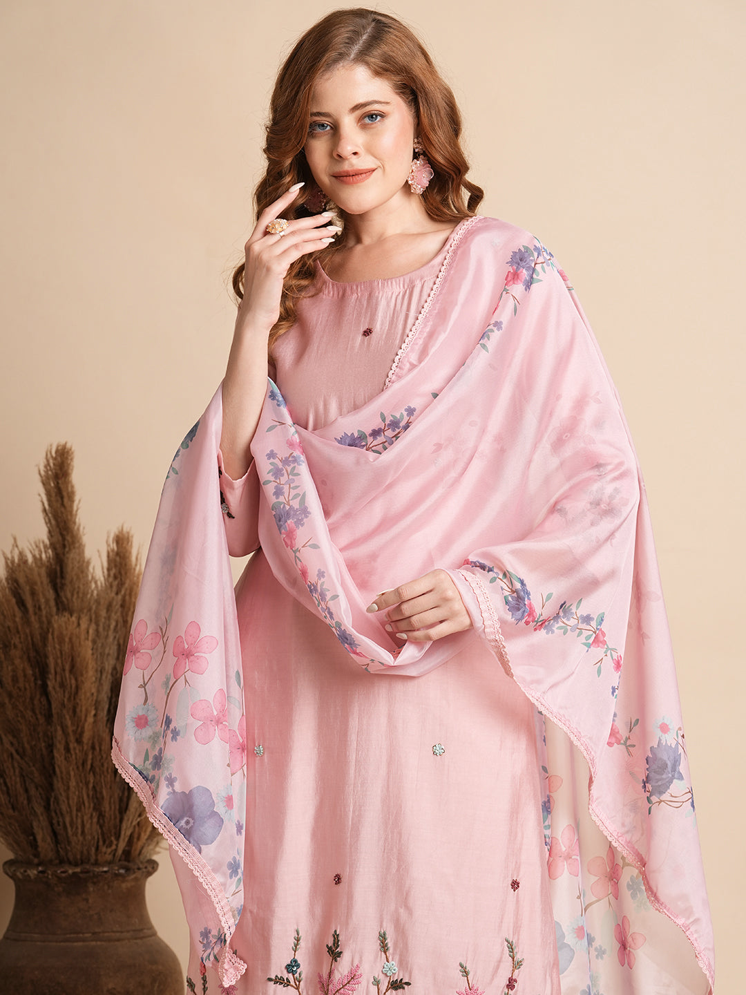 Solid Floral Hand Embroidered Straight Fit Kurta with Pant & Dupatta - Pink