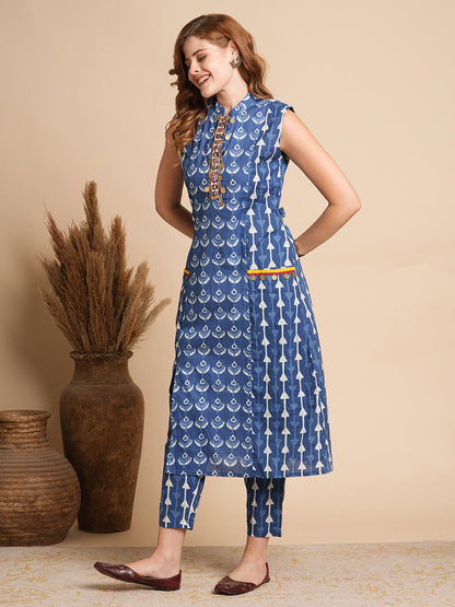 Ethnic Stripes Printed & Embroidered Straight Fit Kurta with Pant - Blue