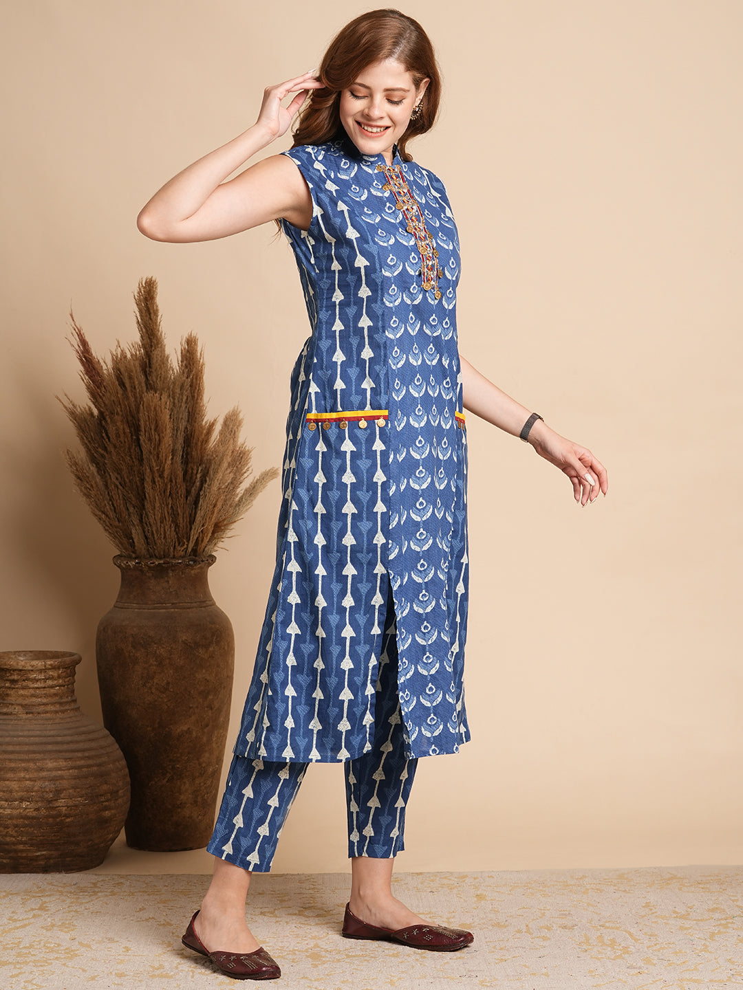 Ethnic Stripes Printed & Embroidered Straight Fit Kurta with Pant - Blue