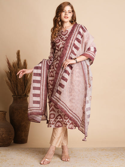 Geometric Printed & Kantha Embroidered Straight Kurta with Pant & Dupatta - Beige