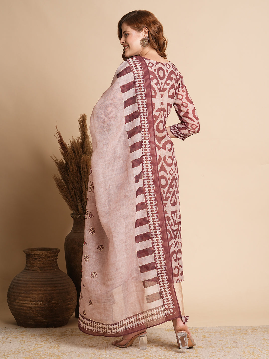 Geometric Printed & Kantha Embroidered Straight Kurta with Pant & Dupatta - Beige