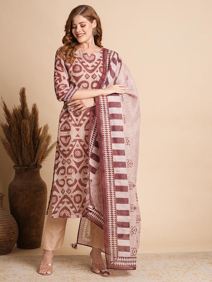 Geometric Printed & Kantha Embroidered Straight Kurta with Pant & Dupatta - Beige