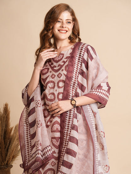 Geometric Printed & Kantha Embroidered Straight Kurta with Pant & Dupatta - Beige