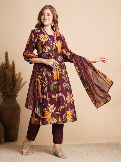 Floral Printed Mirror & zari Embroidered Kurta with Palazzo - Burgundy