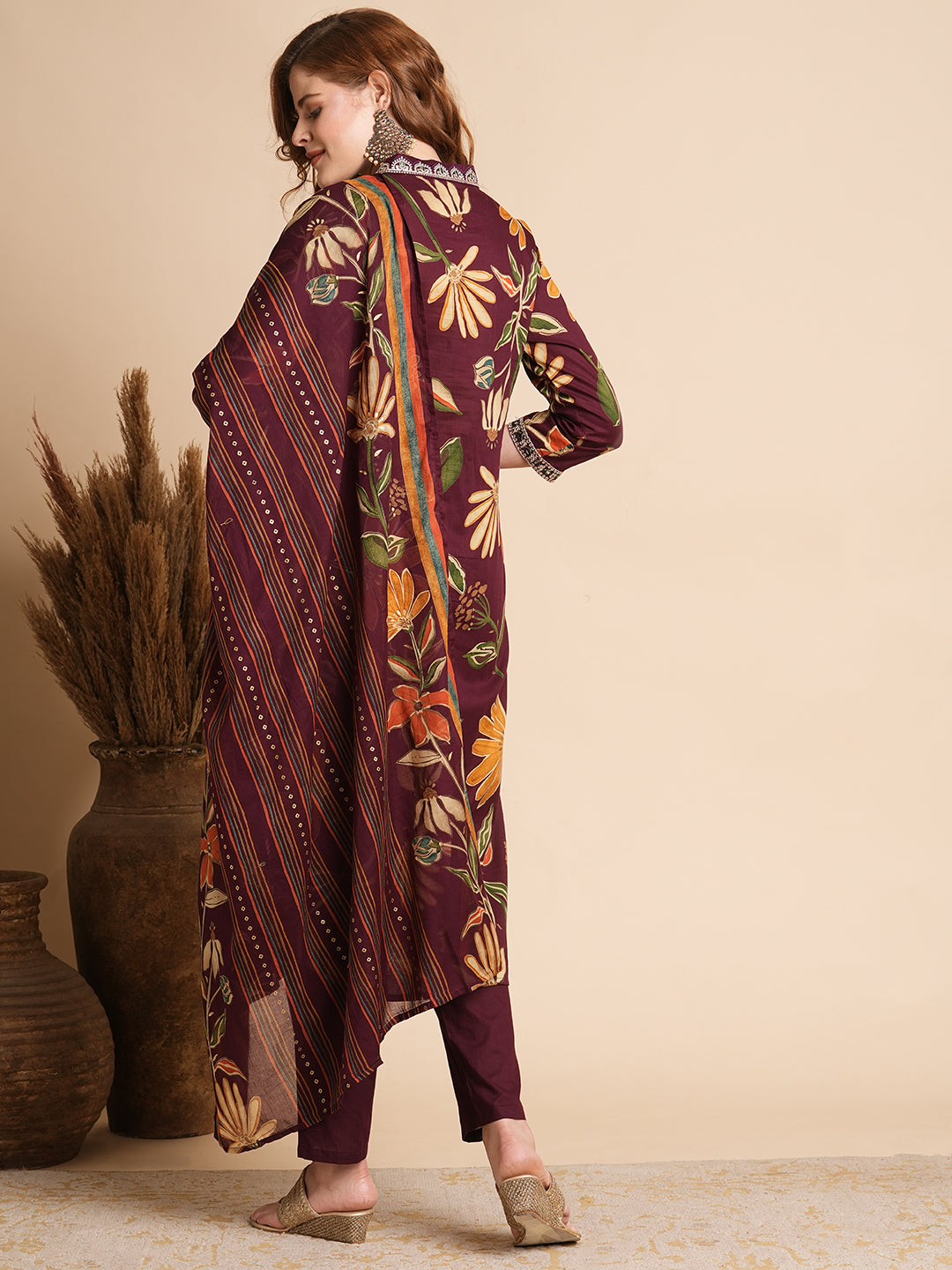 Floral Printed Mirror & zari Embroidered Kurta with Palazzo - Burgundy