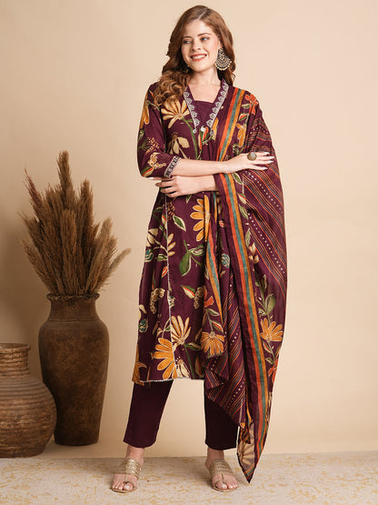 Floral Printed Mirror & zari Embroidered Kurta with Palazzo - Burgundy