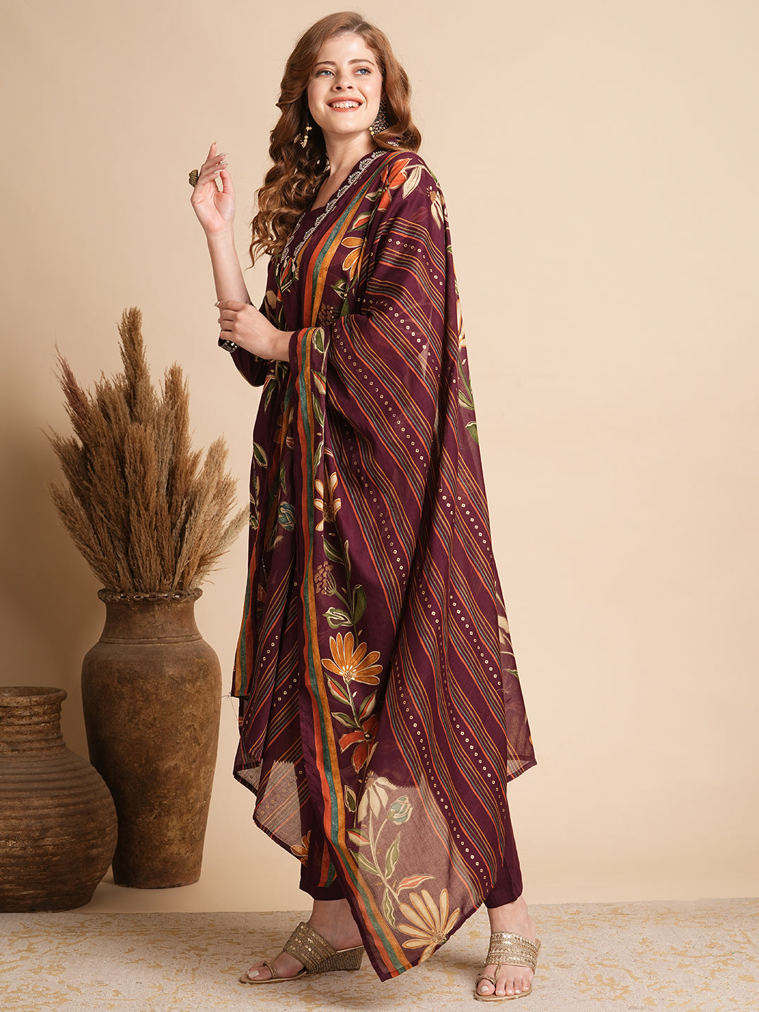 Floral Printed Mirror & zari Embroidered Kurta with Palazzo - Burgundy