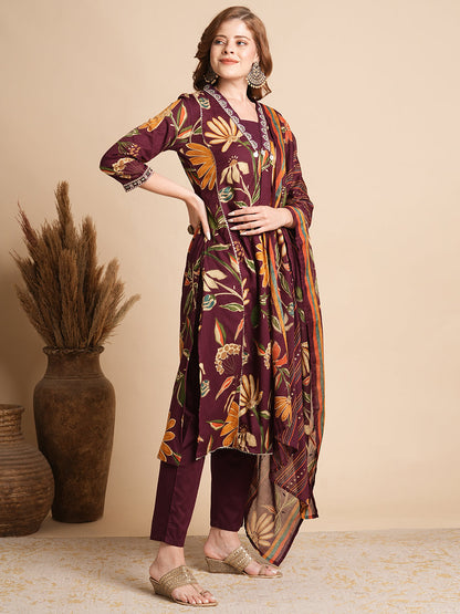 Floral Printed Mirror & zari Embroidered Kurta with Palazzo - Burgundy