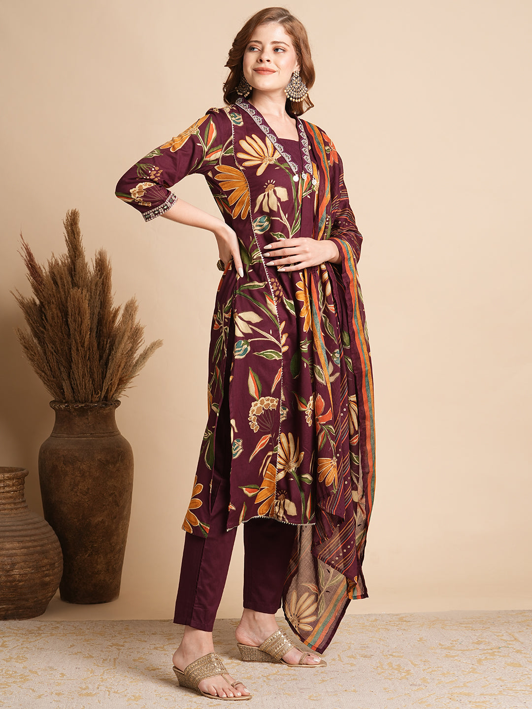 Floral Printed A-Line Paneled Kurta with Pant & Dupatta - Burgundy