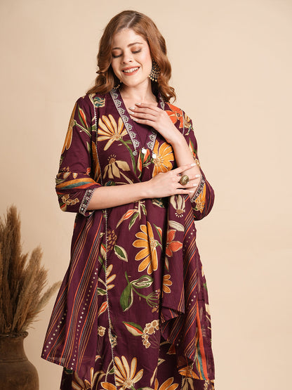 Floral Printed A-Line Paneled Kurta with Pant & Dupatta - Burgundy