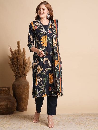 Floral Printed A-Line Paneled Kurta with Pant & Dupatta - Deep Blue