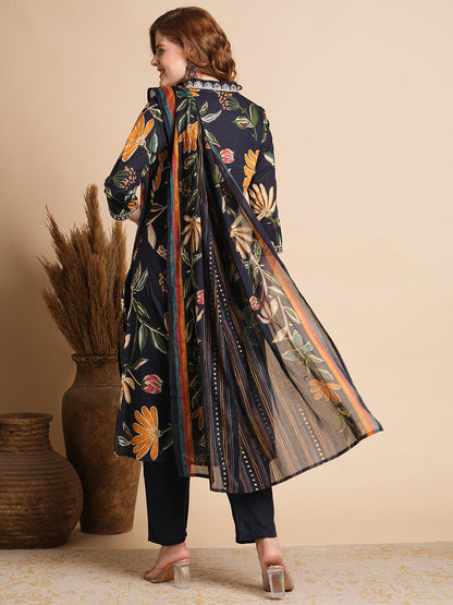 Floral Printed A-Line Paneled Kurta with Pant & Dupatta - Deep Blue