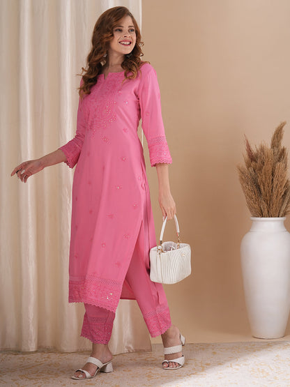 Solid Floral Sequin & Thread Work Embroidered Straight Fit Co-ord Set - Pink