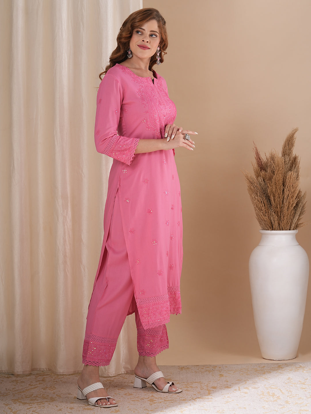 Solid Floral Sequin & Thread Work Embroidered Straight Fit Co-ord Set - Pink