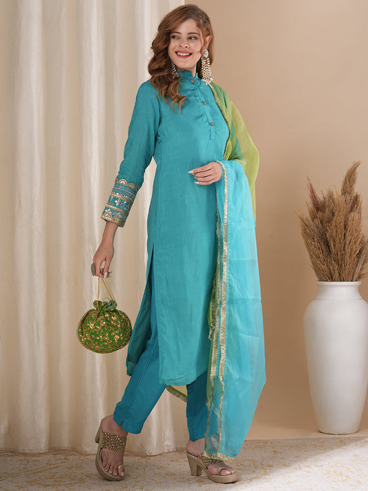 Solid Ethnic Embroidered Straight Fit Kurta with Pant & Dupatta - Turquoise Blue