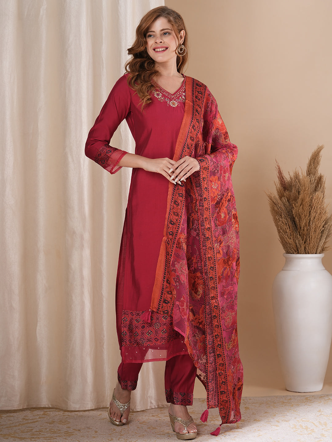 Solid Floral Hand Embroidered Straight Kurta with Pant & Printed Dupatta - Pink