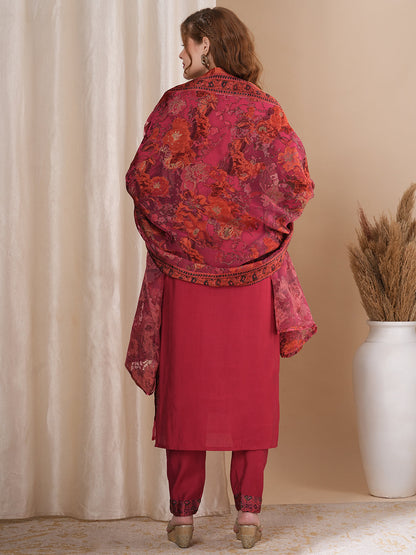 Solid Floral Hand Embroidered Straight Kurta with Pant & Printed Dupatta - Pink