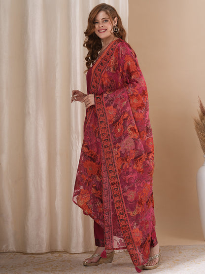 Solid Floral Hand Embroidered Straight Kurta with Pant & Printed Dupatta - Pink