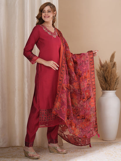 Solid Floral Hand Embroidered Straight Kurta with Pant & Printed Dupatta - Pink