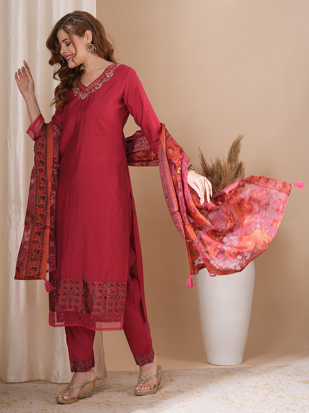 Solid Floral Hand Embroidered Straight Kurta with Pant & Printed Dupatta - Pink