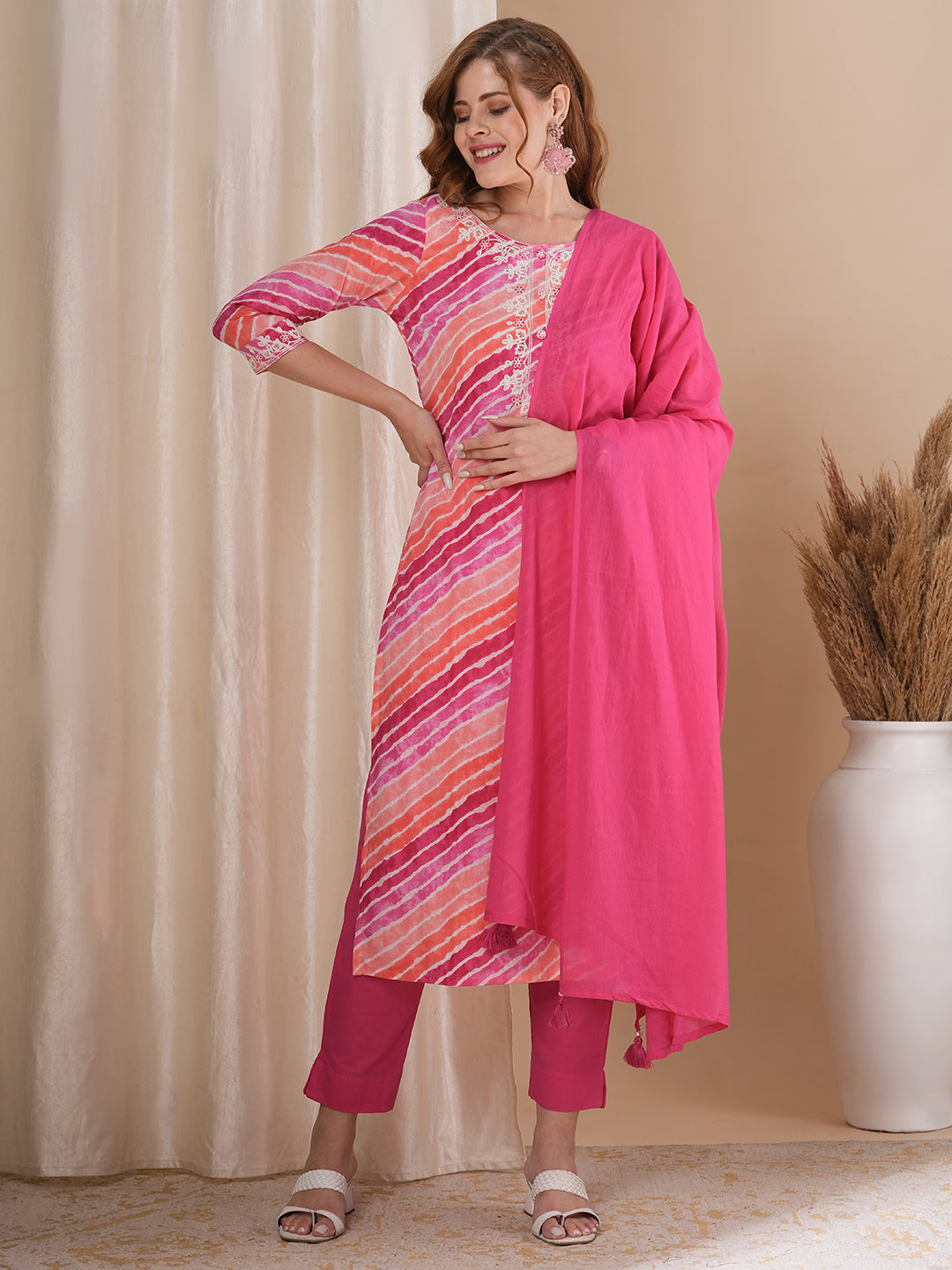 Leheriya Printed & Embroidered Straight Fit Kurta with Pant and Dupatta - Multi