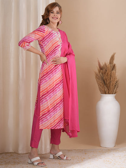 Leheriya Printed & Embroidered Straight Fit Kurta with Pant and Dupatta - Multi