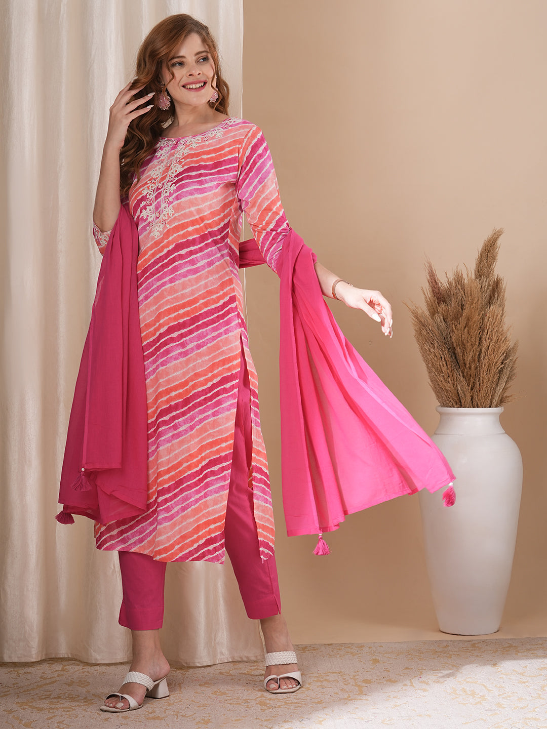 Leheriya Printed & Embroidered Straight Fit Kurta with Pant and Dupatta - Multi