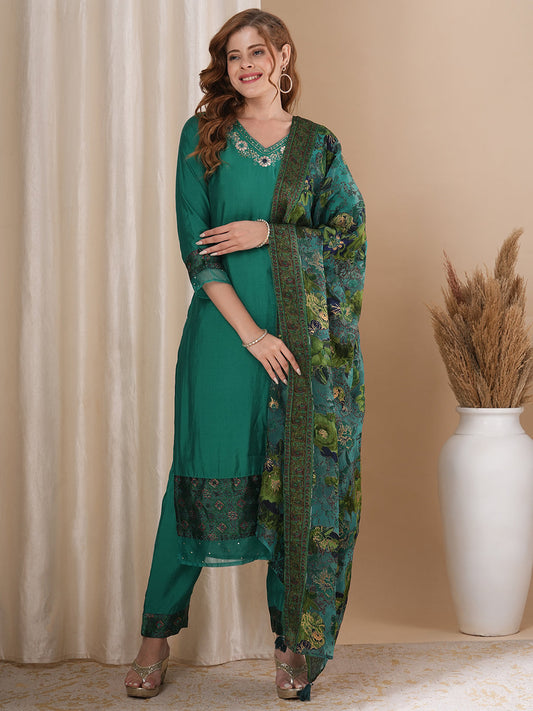 Solid Floral Hand Embroidered Straight Kurta with Pant & Printed Dupatta - Sea Green