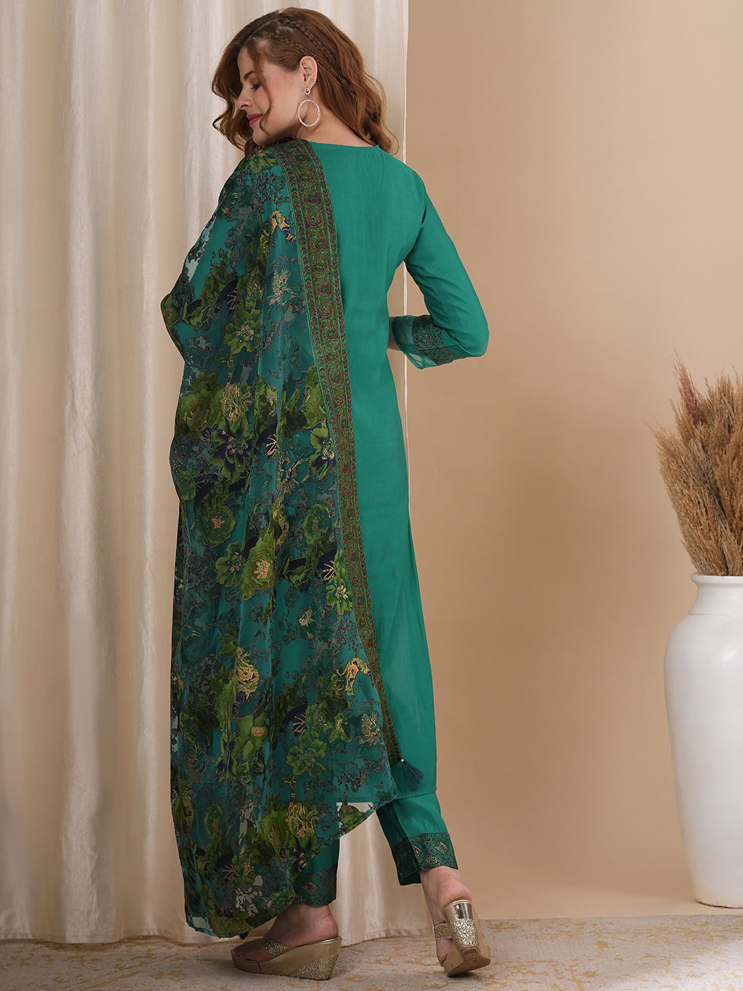 Solid Floral Hand Embroidered Straight Kurta with Pant & Printed Dupatta - Sea Green