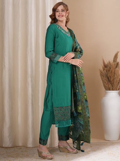 Solid Floral Hand Embroidered Straight Kurta with Pant & Printed Dupatta - Sea Green