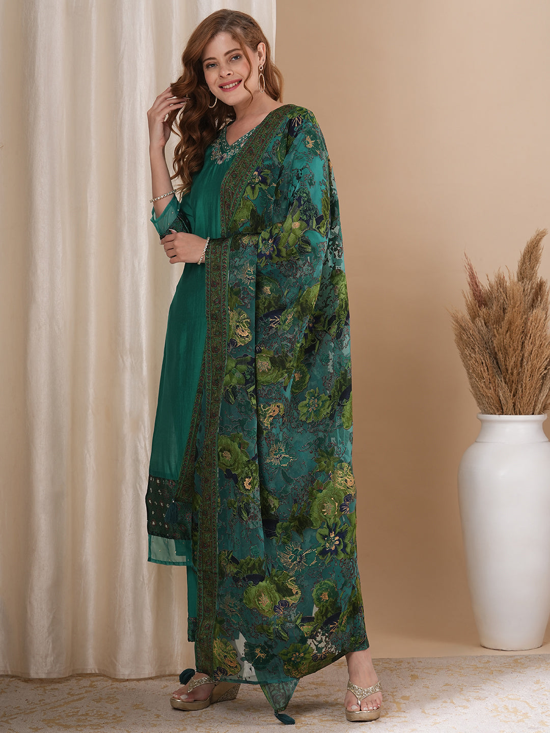 Solid Floral Hand Embroidered Straight Kurta with Pant & Printed Dupatta - Sea Green