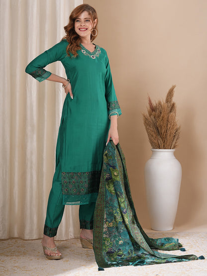 Solid Floral Hand Embroidered Straight Kurta with Pant & Printed Dupatta - Sea Green