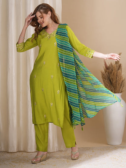 Solid Floral Pitthan Embroidered Straight Kurta with Pant & Leheriya Dupatta - Green