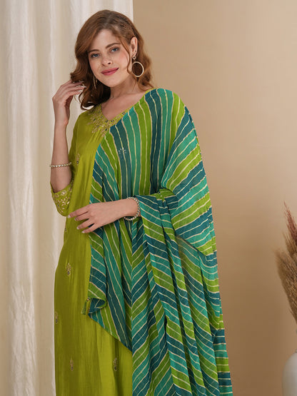 Solid Floral Pitthan Embroidered Straight Kurta with Pant & Leheriya Dupatta - Green