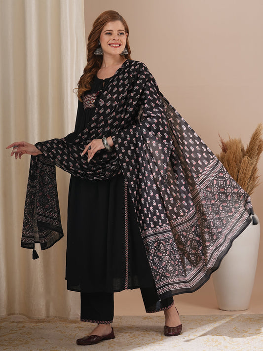 Solid Ethnic Embroidered A-Line Pleated Kurta with Pant & Printed Dupatta - Black