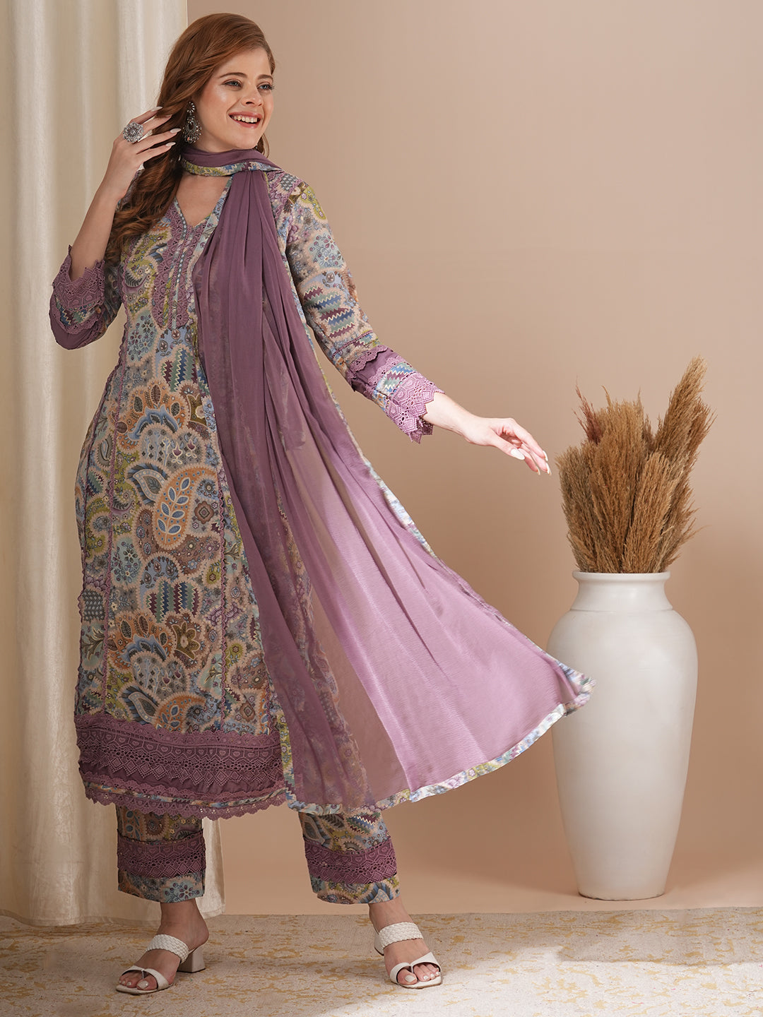 Ethnic Printed & Embroidered Straight Kurta with Pant & Dupatta - Multi