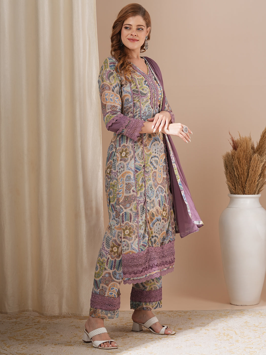 Ethnic Printed & Embroidered Straight Kurta with Pant & Dupatta - Multi