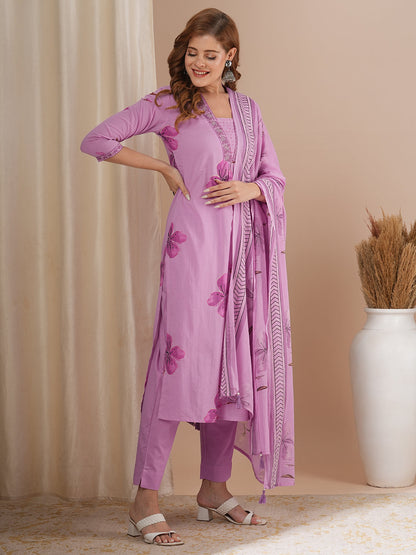 Abstract Floral Printed Straight Fit Kurta with Pant and Dupatta - Lavender